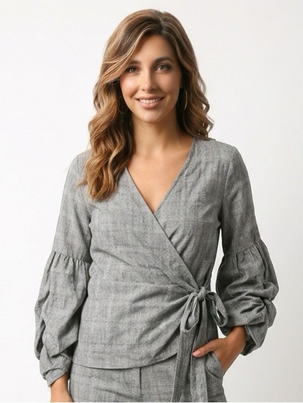 GLAM | Wrap Top Side Tie Skinny Plaid Print Black & White Long Sleeve NEW Size M